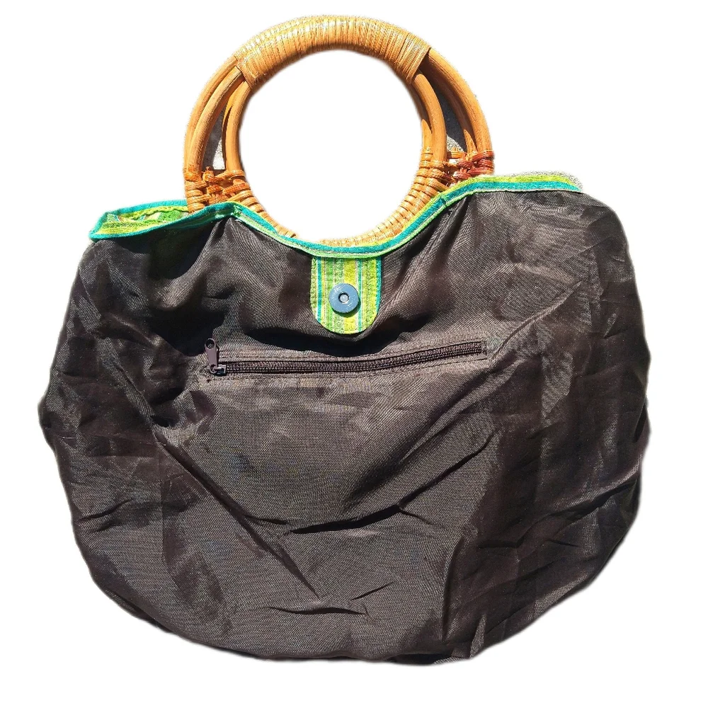 EUC, Colorful stripe bag with wicker handle, green, aqua, brown - Picture 3 of 5